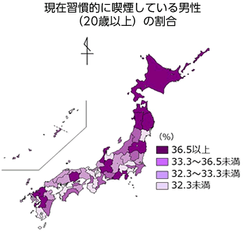 20歳以上で現在習慣的に喫煙している男性の割合が36.5%以上の都道府県は福島県、青森県、北海道、佐賀県、岩手県、岐阜県、岡山県、熊本県、秋田県、静岡県、福岡県、石川県でした。33.3%~36.5%歩未満の都道府県は山形県、栃木県、 愛知県、三重県、新潟県、高知県、沖縄県、大阪府、千葉県、香川県、東京都、宮崎県でした。32.3%~33.3%歩未満の都道府県は山口県、福井県、群馬県、鳥取県、島根県、大分県、長野県、兵庫県、広島県、徳島県、茨城県、長崎県でした。32.3%未満の都道府県は宮城県、和歌山県、山梨県、富山県、鹿児島県、埼玉県、愛媛県、京都府、滋賀県、奈良県、神奈川県でした。