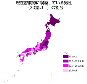 20歳以上で現在習慣的に喫煙している男性の割合が33.2%以上の都道府県は群馬県、福井県、北海道、長崎県、栃木県、福島県、三重県、山梨県、青森県、茨城県、佐賀県でした。29.7%~33.2%歩未満の都道府県は山形県、秋田県、鳥取県、広島県、宮城県、千葉県、岩手県、京都府、長野県、愛媛県、新潟県、和歌山県でした。27.5%~29.7%歩未満の都道府県は 山口県、大阪府、東京都、石川県、高知県、静岡県、鹿児島県、島根県、埼玉県、宮崎県、岡山県、愛知県でした。27.5%未満の都道府県は岐阜県、富山県、沖縄県、神奈川県、福岡県、香川県、徳島県、兵庫県、大分県、奈良県、滋賀県でした。