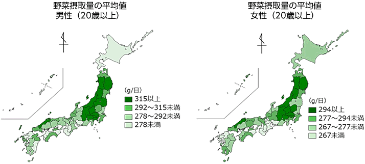20歳以上男性の野菜摂取量の平均値が315g以上の都道府県は長野県、島根県、新潟県、東京都、山梨県、岩手県、山形県、秋田県、埼玉県、群馬県、福島県、神奈川県でした。292g~315g未満の都道府県は福井県、栃木県、宮城県、山口県、香川県、千葉県、高知県、石川県、長崎県、鳥取県、青森県、大分県でした。278g~292g未満の都道府県は広島県、兵庫県、鹿児島県、京都府、熊本県、滋賀県、静岡県、岡山県、富山県、茨城県、三重県、岐阜県でした。278g未満の都道府県は沖縄県、和歌山県、佐賀県、奈良県、宮崎県、愛媛県、福岡県、大阪府、徳島県、北海道、愛知県でした。
20歳以上女性の野菜摂取量の平均値が294g以上の都道府県は長野県、島根県、東京都、山梨県、新潟県、群馬県、秋田県、岩手県、埼玉県、山形県、栃木県、千葉県でした。277g~294g未満の都道府県は福井県、青森県、高知県、香川県、鹿児島県、京都府、山口県、神奈川県、鳥取県、宮城県、岡山県、岐阜県でした。267g~277g未満の都道府県は茨城県、静岡県、広島県、熊本県、兵庫県、大分県、北海道、宮崎県、福島県、石川県、富山県、愛媛県でした。267g未満の都道府県は和歌山県、徳島県、三重県、福岡県、佐賀県、長崎県、大阪府、沖縄県、滋賀県、奈良県、愛知県でした。