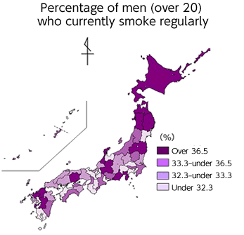 20歳以上で現在習慣的に喫煙している男性の割合が36.5%以上の都道府県は福島県、青森県、北海道、佐賀県、岩手県、岐阜県、岡山県、熊本県、秋田県、静岡県、福岡県、石川県でした。33.3%~36.5%歩未満の都道府県は山形県、栃木県、 愛知県、三重県、新潟県、高知県、沖縄県、大阪府、千葉県、香川県、東京都、宮崎県でした。32.3%~33.3%歩未満の都道府県は山口県、福井県、群馬県、鳥取県、島根県、大分県、長野県、兵庫県、広島県、徳島県、茨城県、長崎県でした。32.3%未満の都道府県は宮城県、和歌山県、山梨県、富山県、鹿児島県、埼玉県、愛媛県、京都府、滋賀県、奈良県、神奈川県でした。
