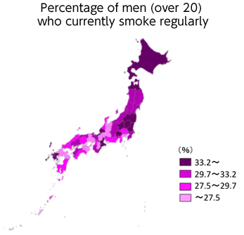 20歳以上で現在習慣的に喫煙している男性の割合が33.2%以上の都道府県は群馬県、福井県、北海道、長崎県、栃木県、福島県、三重県、山梨県、青森県、茨城県、佐賀県でした。29.7%~33.2%歩未満の都道府県は山形県、秋田県、鳥取県、広島県、宮城県、千葉県、岩手県、京都府、長野県、愛媛県、新潟県、和歌山県でした。27.5%~29.7%歩未満の都道府県は 山口県、大阪府、東京都、石川県、高知県、静岡県、鹿児島県、島根県、埼玉県、宮崎県、岡山県、愛知県でした。27.5%未満の都道府県は岐阜県、富山県、沖縄県、神奈川県、福岡県、香川県、徳島県、兵庫県、大分県、奈良県、滋賀県でした。