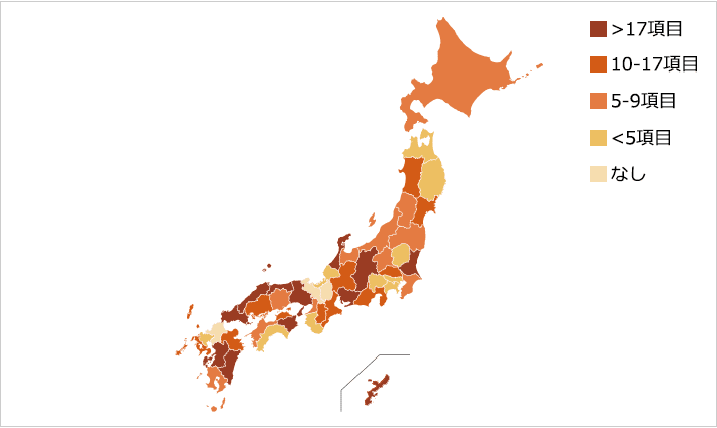 目標項目数が17項目より多い都道府県は、茨木県、石川県、長野県、愛知県、兵庫県、鳥取県、島根県、山口県、徳島県、熊本県、宮崎県、沖縄県の12県。
目標項目数が10~17項目の都道府県は、宮城県、秋田県、埼玉県、岐阜県、静岡県、三重県、奈良県、広島県、香川県、長崎県、大分県の11道県。
目標項目数が5~9項目の都道府県は、北海道、山形県、福島県、群馬県、千葉県、新潟県、富山県、大阪府、岡山県、愛媛県、鹿児島県の11道府県。
目標項目数が5項目未満の都道府県は、青森県、岩手県、栃木県、東京都、神奈川県、福井県、山梨県、和歌山県、高知県、佐賀県の8都県でした。
滋賀県、京都府、福岡県は独自に設置している項目がありませんでした。