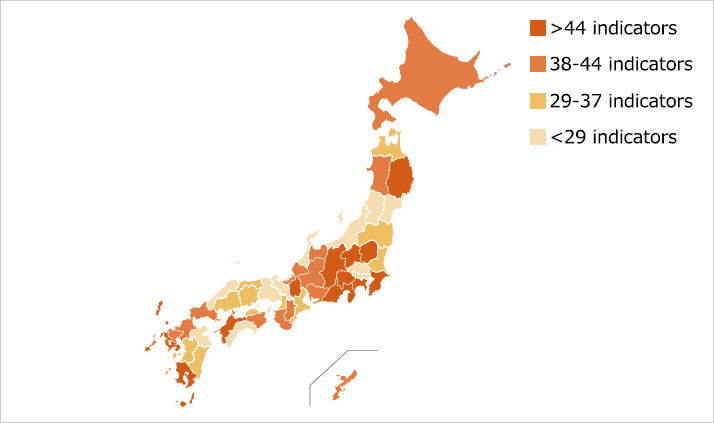 目標項目数が44項目より多い都道府県は、岩手県、栃木県、群馬県、千葉県、神奈川県、山梨県、長野県、静岡県、滋賀県、愛媛県、長崎県、鹿児島県の12県。
目標項目数が38~44項目の都道府県は、北海道、秋田県、富山県、福井県、岐阜県、愛知県、奈良県、和歌山県、山口県、徳島県、福岡県、佐賀県、沖縄県の13道県。
目標項目数が29~37項目の都道府県は、青森県、福島県、茨城県、三重県、大阪府、鳥取県、岡山県、広島県、香川県、熊本県、宮崎県の11府県。
目標項目数が29項目未満の都道府県は、宮城県、山形県、埼玉県、東京都、新潟県、石川県、京都府、兵庫県、島根県、高知県、大分県の11都府県でした。